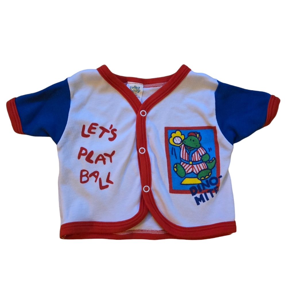 Vintage 1990s primary colors dinosaur baseball button-up short sleeved top